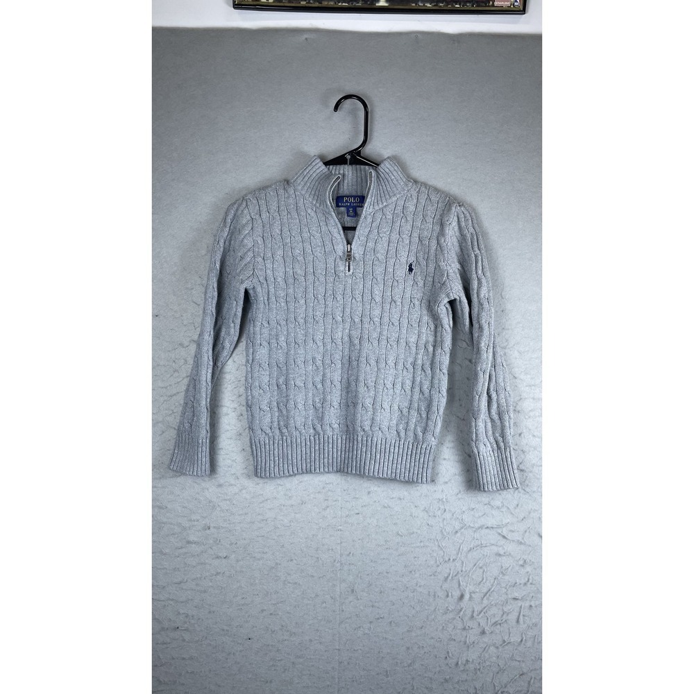 Polo Ralph Lauren Sweater Youth 8 Gray Cable Knit Quarter Zip Mock Neck Pullover